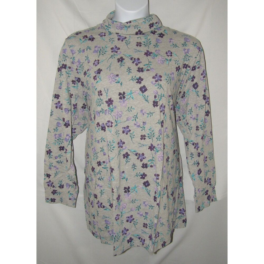 WOMAN WITHIN Gray & Purple Floral Plus Sz 30/32 Stretchy Turtleneck Shirt NEW